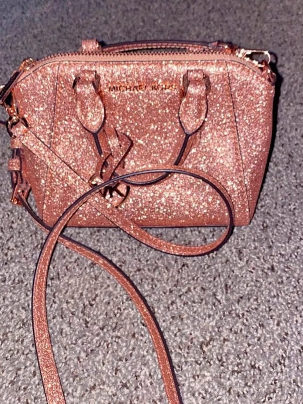 Michael Kors Pink Glitter w/ Rose Gold Micro Crossbody & Matching Card/ID Holder
